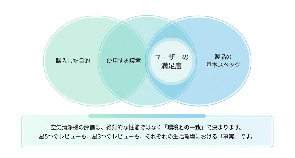 空気清浄機の満足度を左右する購入目的、使用環境、製品の基本スペックを3つの円で示した図解。星5と星3のレビューは生活環境によって評価が異なり、性能だけでは満足度が決まらないことを説明している。